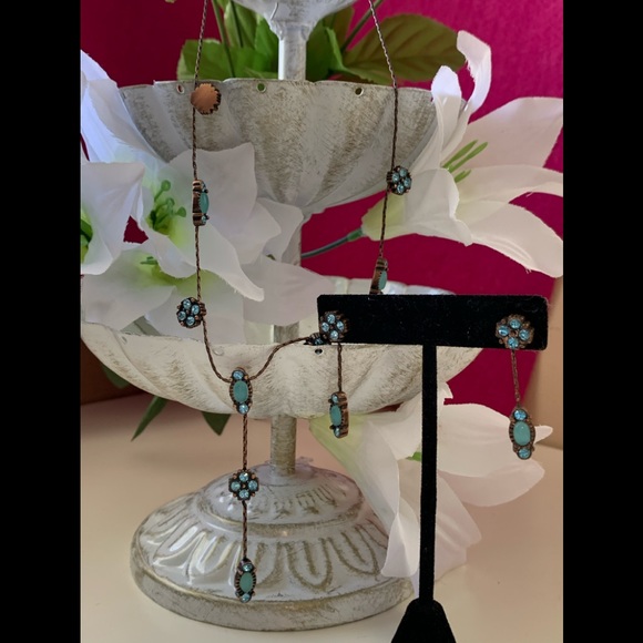 Rhinestone, Metal & Cats Eye Like Stone Fashion Necklace & Drop Post Earring Set - Picture 2 of 5